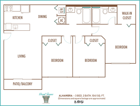 Floor plan for 3 beds, 2 baths, 1041 sqft